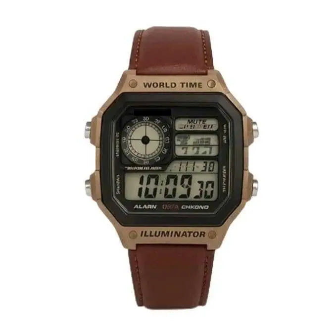 Casio Men’s Retro Digital Watch – Gold Square (World Time, Leather Strap)
