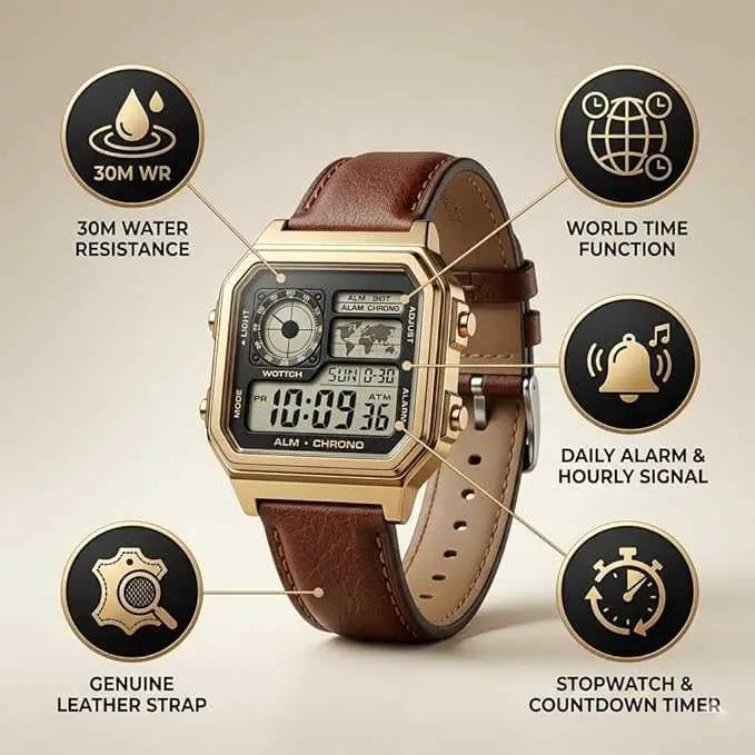 Casio Men’s Retro Digital Watch – Gold Square (World Time, Leather Strap)