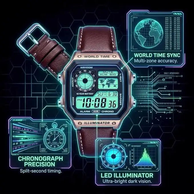Casio Men’s Retro Digital Watch – Gold Square (World Time, Leather Strap)